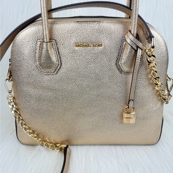 Michael Kors Mercer Metallic Gold Leather Dome Satchel Shoulder Crossbody Bag - Picture 10 of 17